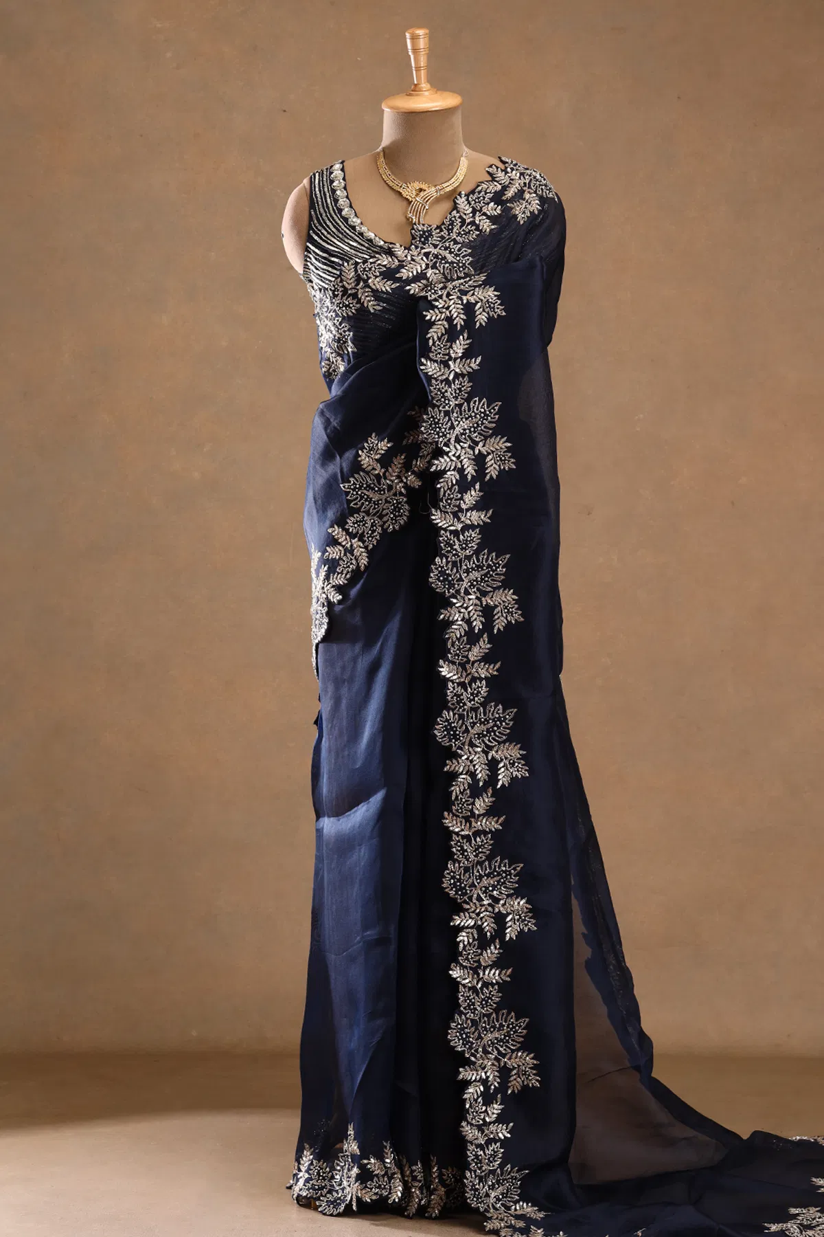 Navy blue sequins embroidered organza